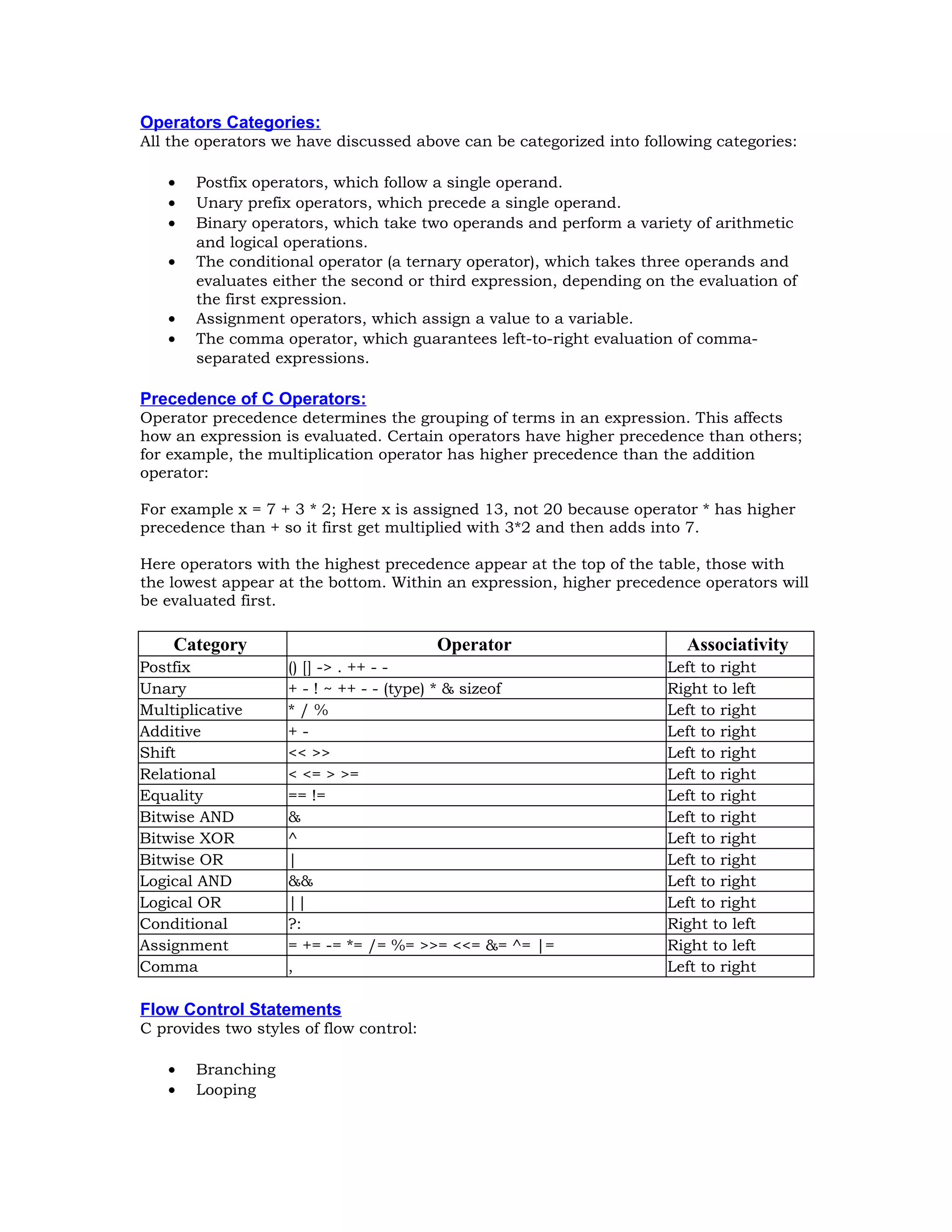 Operators Categories: All the operators we have discussed above can be categorized into following categories: • Postfix operators, which follow a single operand. • Unary prefix operators, which precede a single operand. • Binary operators, which take two operands and perform a variety of arithmetic and logical operations. • The conditional operator (a ternary operator), which takes three operands and evaluates either the second or third expression, depending on the evaluation of the first expression. • Assignment operators, which assign a value to a variable. • The comma operator, which guarantees left-to-right evaluation of comma- separated expressions. Precedence of C Operators: Operator precedence determines the grouping of terms in an expression. This affects how an expression is evaluated. Certain operators have higher precedence than others; for example, the multiplication operator has higher precedence than the addition operator: For example x = 7 + 3 * 2; Here x is assigned 13, not 20 because operator * has higher precedence than + so it first get multiplied with 3*2 and then adds into 7. Here operators with the highest precedence appear at the top of the table, those with the lowest appear at the bottom. Within an expression, higher precedence operators will be evaluated first. Category Operator Associativity Postfix () [] -> . ++ - - Left to right Unary + - ! ~ ++ - - (type) * & sizeof Right to left Multiplicative * / % Left to right Additive + - Left to right Shift << >> Left to right Relational < <= > >= Left to right Equality == != Left to right Bitwise AND & Left to right Bitwise XOR ^ Left to right Bitwise OR | Left to right Logical AND && Left to right Logical OR || Left to right Conditional ?: Right to left Assignment = += -= *= /= %= >>= <<= &= ^= |= Right to left Comma , Left to right Flow Control Statements C provides two styles of flow control: • Branching • Looping 