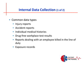 Internal Data Collection (1 of 2)
‣ Common data types
‣ Injury reports
‣ Accident reports
‣ Individual medical histories
‣ Drug-free workplace test results
‣ Reports dealing with an employee killed in the line of
duty
‣ Exposure records
 