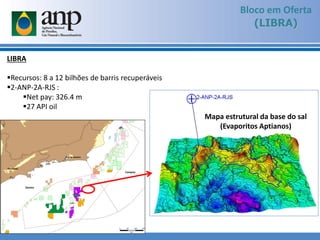 Bloco em Oferta
(LIBRA)
LIBRA
Recursos: 8 a 12 bilhões de barris recuperáveis
2-ANP-2A-RJS :
Net pay: 326.4 m
27 API oil
Mapa estrutural da base do sal
(Evaporitos Aptianos)
 