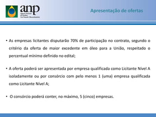 Apresentação de ofertas
• As empresas licitantes disputarão 70% de participação no contrato, segundo o
critério da oferta de maior excedente em óleo para a União, respeitado o
percentual mínimo definido no edital;
• A oferta poderá ser apresentada por empresa qualificada como Licitante Nível A
isoladamente ou por consórcio com pelo menos 1 (uma) empresa qualificada
como Licitante Nível A;
• O consórcio poderá conter, no máximo, 5 (cinco) empresas.
 