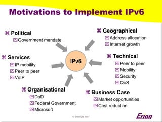 © Erion Ltd 2007 
Motivations to Implement IPv6 
a 
Political 
` 
Government mandate 
a 
Geographical 
` 
Address allocation 
` 
Internet growth 
a 
Services 
` 
IP mobility 
` 
Peer to peer 
` 
VoIP 
a 
Technical 
` 
Peer to peer 
` 
Mobility 
` 
Security 
` 
QoS 
a 
Organisational 
` 
DoD 
` 
Federal Government 
` 
Microsoft 
a 
BusinessCase 
` 
Market opportunities 
` 
Cost reduction 
IPv6  