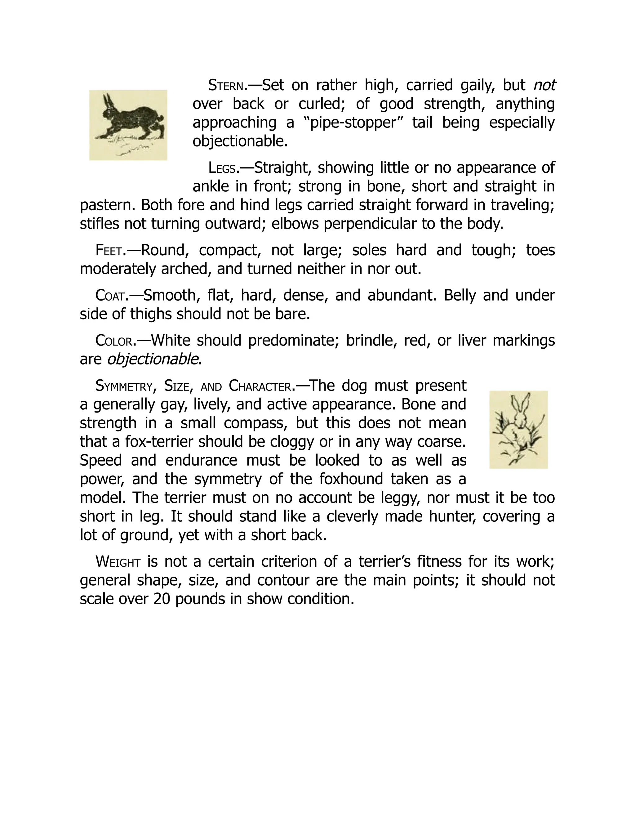 Stern.—Set on rather high, carried gaily, but not
over back or curled; of good strength, anything
approaching a “pipe-stopper” tail being especially
objectionable.
Legs.—Straight, showing little or no appearance of
ankle in front; strong in bone, short and straight in
pastern. Both fore and hind legs carried straight forward in traveling;
stifles not turning outward; elbows perpendicular to the body.
Feet.—Round, compact, not large; soles hard and tough; toes
moderately arched, and turned neither in nor out.
Coat.—Smooth, flat, hard, dense, and abundant. Belly and under
side of thighs should not be bare.
Color.—White should predominate; brindle, red, or liver markings
are objectionable.
Symmetry, Size, and Character.—The dog must present
a generally gay, lively, and active appearance. Bone and
strength in a small compass, but this does not mean
that a fox-terrier should be cloggy or in any way coarse.
Speed and endurance must be looked to as well as
power, and the symmetry of the foxhound taken as a
model. The terrier must on no account be leggy, nor must it be too
short in leg. It should stand like a cleverly made hunter, covering a
lot of ground, yet with a short back.
Weight is not a certain criterion of a terrier’s fitness for its work;
general shape, size, and contour are the main points; it should not
scale over 20 pounds in show condition.
 