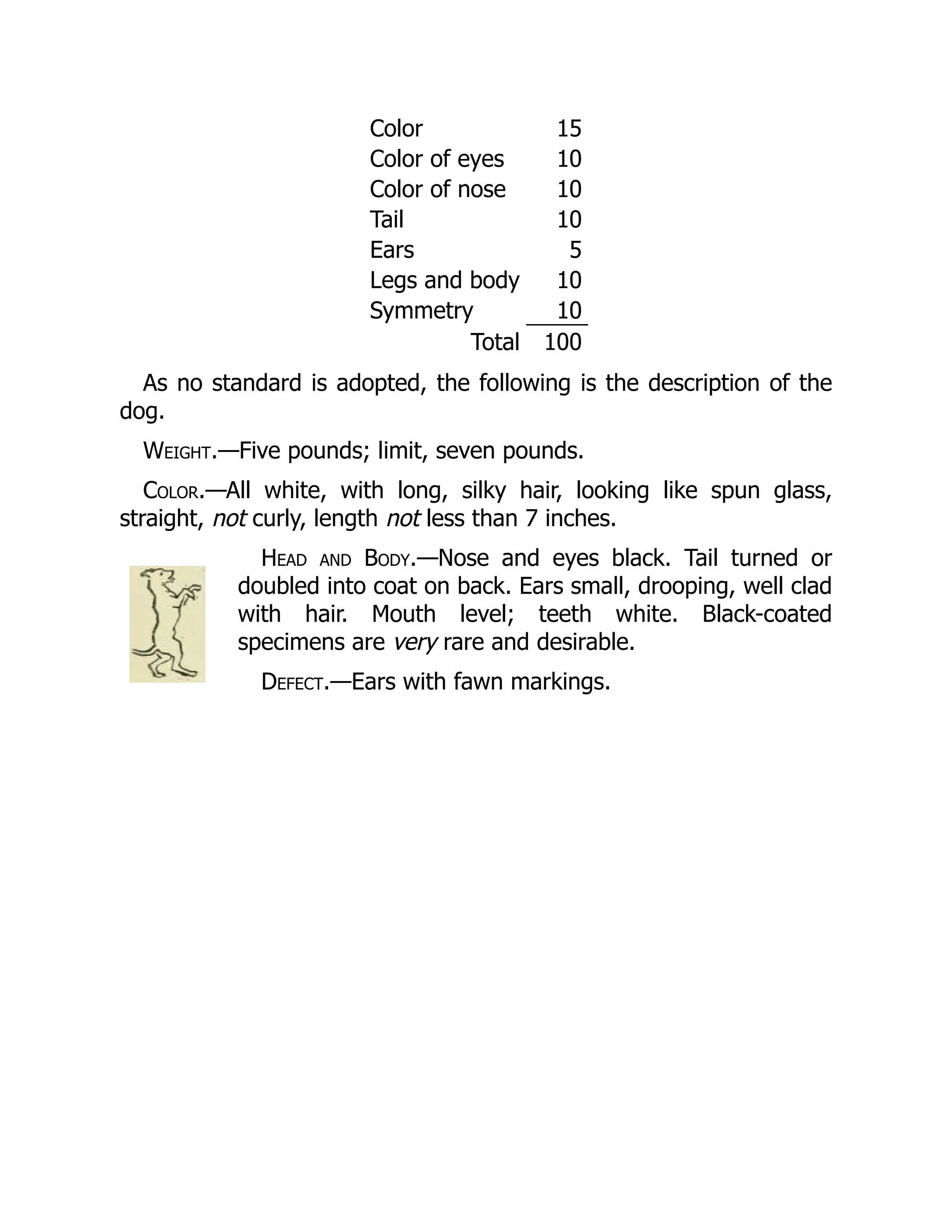 Color 15
Color of eyes 10
Color of nose 10
Tail 10
Ears 5
Legs and body 10
Symmetry 10
Total 100
As no standard is adopted, the following is the description of the
dog.
Weight.—Five pounds; limit, seven pounds.
Color.—All white, with long, silky hair, looking like spun glass,
straight, not curly, length not less than 7 inches.
Head and Body.—Nose and eyes black. Tail turned or
doubled into coat on back. Ears small, drooping, well clad
with hair. Mouth level; teeth white. Black-coated
specimens are very rare and desirable.
Defect.—Ears with fawn markings.
 