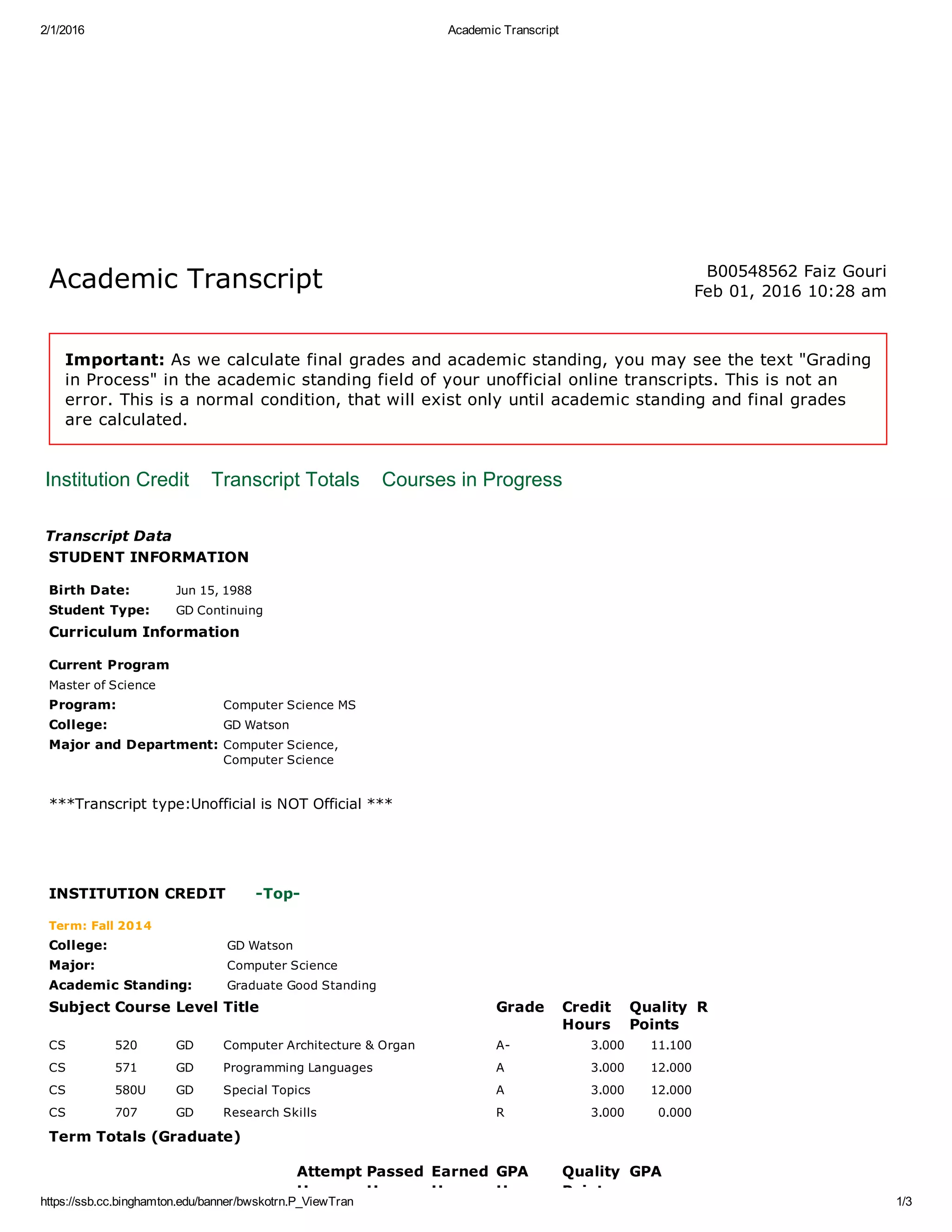 Academic Transcript | PDF