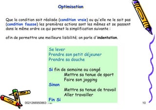 Tel
:
0021266950863 10
Que la condition soit réalisée (condition vraie) ou qu'elle ne le soit pas
(condition fausse) les premières actions sont les mêmes et se passent
dans le même ordre ce qui permet la simplification suivante :
afin de permettre une meilleure lisibilité; on parle d'indentation.
Se lever
Prendre son petit déjeuner
Prendre sa douche
Si fin de semaine ou congé
Mettre sa tenue de sport
Faire son jogging
Sinon
Mettre sa tenue de travail
Aller travailler
Fin Si
Optimisation
Optimisation
Optimisation
 