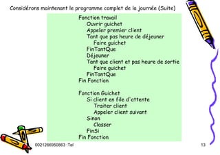 Tel
:
0021266950863 13
Considérons maintenant le programme complet de la journée (Suite)
Fonction travail
Ouvrir guichet
Appeler premier client
Tant que pas heure de déjeuner
Faire guichet
FinTantQue
Déjeuner
Tant que client et pas heure de sortie
Faire guichet
FinTantQue
Fin Fonction
Fonction Guichet
Si client en file d'attente
Traiter client
Appeler client suivant
Sinon
Classer
FinSi
Fin Fonction
 