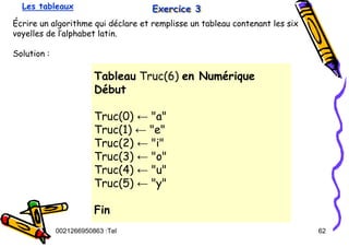 Tel
:
0021266950863 62
Exercice 3
Exercice 3
Exercice 3
Écrire un algorithme qui déclare et remplisse un tableau contenant les six
voyelles de l’alphabet latin.
Solution :
Les tableaux
Tableau Truc(6) en Numérique
Début
Truc(0) ← "a"
Truc(1) ← "e"
Truc(2) ← "i"
Truc(3) ← "o"
Truc(4) ← "u"
Truc(5) ← "y"
Fin
 