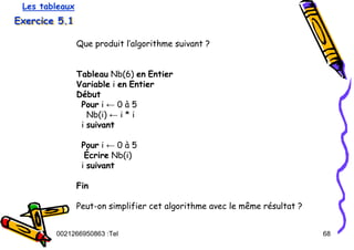 Tel
:
0021266950863 68
Exercice 5.1
Exercice 5.1
Exercice 5.1
Que produit l’algorithme suivant ?
Tableau Nb(6) en Entier
Variable i en Entier
Début
Pour i ← 0 à 5
Nb(i) ← i * i
i suivant
Pour i ← 0 à 5
Écrire Nb(i)
i suivant
Fin
Peut-on simplifier cet algorithme avec le même résultat ?
Les tableaux
 
