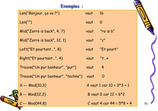 Tel
:
0021266950863 75
Exemples :
Exemples :
Exemples :
Len("Bonjour, ça va ?") vaut 16
Len("") vaut 0
Mid("Zorro is back", 4, 7) vaut "ro is b"
Mid("Zorro is back", 12, 1) vaut "c"
Left("Et pourtant…", 8) vaut "Et pourt"
Right("Et pourtant…", 4) vaut "t…«
Trouve("Un pur bonheur", "pur") vaut 4
Trouve("Un pur bonheur", "techno") vaut 0
A ← Mod(10,3) A vaut 1 car 10 = 3*3 + 1
B ← Mod(12,2) B vaut 0 car 12 = 6*2
C ← Mod(44,8) C vaut 4 car 44 = 5*8 + 4
 