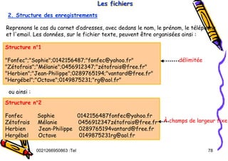 Tel
:
0021266950863 78
Les fichiers
Les fichiers
Les fichiers
2. Structure des enregistrements
Reprenons le cas du carnet d’adresses, avec dedans le nom, le prénom, le téléphone
et l'email. Les données, sur le fichier texte, peuvent être organisées ainsi :
Structure n°1
"Fonfec";"Sophie";0142156487;"fonfec@yahoo.fr"
"Zétofrais";"Mélanie";0456912347;"zétofrais@free.fr"
"Herbien";"Jean-Philippe";0289765194;"vantard@free.fr"
"Hergébel";"Octave";0149875231;"rg@aol.fr"
Structure n°2
Fonfec Sophie 0142156487fonfec@yahoo.fr
Zétofrais Mélanie 0456912347zétofrais@free.fr
Herbien Jean-Philippe 0289765194vantard@free.fr
Hergébel Octave 0149875231rg@aol.fr
ou ainsi :
délimitée
À champs de largeur fixe
 