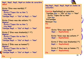 Tel
:
0021266950863 96
Rep,Rep1, Rep2, Rep3, Rep4 en chaîne de
caractère
Fonction RepOuiNon() en caractère
TantQue Rep <> "Oui" et Rep <> "Non"
Ecrire "Tapez Oui ou Non"
Lire Rep
FinTantQue
Renvoyer Rep
Fin
Début
Ecrire "Etes-vous marié ?"
Rep1 ← RepOuiNon()
Ecrire "Avez-vous des enfants ?"
Rep2 ← RepOuiNon()
Ecrire (" Etes-vous étudiant(e) ?")
Rep3 ← RepOuiNon()
Ecrire (" Etes-vous un homme ?")
Rep4 ← RepOuiNon()
Fin
Rep1, Rep2, Rep3, Rep4 en chaîne de caractère
début
Ecrire "Etes-vous marié(e) ?"
Répéter
Ecrire ("Tapez Oui ou Non ")
Lire Rep1
TantQue Rep1 <> "Oui" et Rep1 <> "Non"
Ecrire ("Avez-vous des enfants ?")
Répéter
Écrire ("Tapez Oui ou Non ")
Lire Rep2
TantQue Rep2 <> "Oui" et Rep2 <> "Non"
Ecrire (" Etes-vous étudiant(e) ? ?")
Répéter
Écrire ("Tapez Oui ou Non ")
Lire Rep3
TantQue Rep3 <> "Oui" et Rep3 <> "Non"
Ecrire (" Étés-vous un homme?")
Répéter
Écrire ("Tapez Oui ou Non ")
Lire Rep4
TantQue Rep4 <> "Oui" et Rep4 <> "Non"
Fin
 