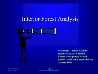 FMA GIS Meeting
April 15, 2004
A
Sustainable Resource Development
Interior Forest Analysis
Presenter: Tammy Kobliuk
Resource Analysis Section
Forest Management Branch
Public Lands and Forest Division
Alberta SRD
 