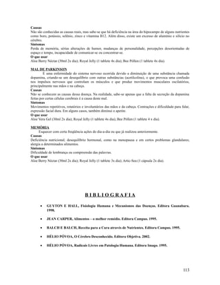 Causas
Não são conhecidas as causas reais, mas sabe-se que há deficiência na área do hipocampo de alguns nutrientes
como boro, potássio, selênio, zinco e vitamina B12. Além disso, existe um excesso de alumínio e silício no
cérebro.
Sintomas
Perda de memória, sérias alterações de humor, mudanças de personalidade, percepções desorientadas de
espaço e tempo, incapacidade de comunicar-se ou concentrar-se.
O que usar
Aloe Berry Néctar (30ml 2x dia); Royal Jelly (1 tablete 4x dia); Bee Póllen (1 tablete 4x dia).
MAL DE PARKINSON
É uma enfermidade do sistema nervoso ocorrida devido a diminuição de uma substância chamada
dopamina, criando-se um desequilíbrio com outras substâncias (acetilcolina), o que provoca uma confusão
nos impulsos nervosos que controlam os músculos e que produz movimentos musculares oscilatórios,
principalmente nas mãos e na cabeça.
Causas
Não se conhecem as causas dessa doença. Na realidade, sabe-se apenas que a falta de secreção da dopamina
feitas por certas células cerebrais é a causa deste mal.
Sintomas
Movimentos repetitivos, rotatórios e involuntários das mãos e da cabeça. Contrações e dificuldade para falar,
expressão facial dura. Em alguns casos, também diminui o apetite.
O que usar
Aloe Vera Gel (30ml 2x dia); Royal Jelly (1 tablete 4x dia); Bee Póllen (1 tablete 4 x dia).
MEMÓRIA
Esquecer com certa freqüência ações do dia-a-dia ou que já realizou anteriormente.
Causas
Deficiência nutricional; desequilíbrio hormonal, como na menopausa e em certos problemas glandulares;
alergia a determinados alimentos.
Sintomas
Dificuldade de lembrança ou compreensão das palavras.
O que usar
Aloe Berry Néctar (30ml 2x dia); Royal Jelly (1 tablete 3x dia); Artic-Sea (1 cápsula 2x dia).
B I B L I O G R A F I A
• GUYTON E HALL, Fisiologia Humana e Mecanismos das Doenças. Editora Guanabara.
1998.
• JEAN CARPER, Alimentos – o melhor remédio. Editora Campus. 1995.
• BALCH E BALCH, Receita para a Cura através de Nutrientes. Editora Campus. 1995.
• HÉLIO PÓVOA, O Cérebro Desconhecido. Editora Objetiva. 2002.
• HÉLIO PÓVOA, Radicais Livres em Patologia Humana. Editora Imago. 1995.
113
 