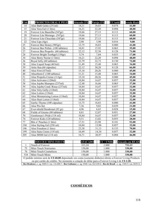 Cód. PRODUTOS ORAL E PELE Atacado (U$) Varejo (U$) CC/unid. venda Reais
14 Aloe Bath Gelée (251ml) 14,11 18,83 0.074 41,00
15 Aloe Vera Gel (1 litro) 16,21 22,20 0.094 48,00
19 Forever Lite Baunilha (547gr) 19,66 27,13 0.113 60,00
20 Forever Lite Morango (547gr) 19,66 27,13 0.113 60,00
21 Forever Lite Chocolate (547gr) 19,66 27,13 0.113 60,00
22 Aloe Lips (4gr) 2,98 3,98 0.016 9,00
25 Forever Bee Honey (985gr) 13,75 18,83 0.080 41,00
26 Forever Bee Pollen (100 tabletes) 10,81 15.92 0.063 35,00
27 Forever Bee Propolis (60 tabletes) 22,12 32.58 0.128 71,00
28 Forever Bright Toothgel (130gr) 5,74 7,84 0.033 17,00
34 Aloe Berry Nectar (1 litro) 16,21 22,20 0.094 48,00
36 Royal Jelly (60 tabletes) 23,79 32,73 0.130 72,00
38 Aloe Liquid Soap (463ml) 11,49 15,48 0.063 34,00
39 Artic-Sea (60 cápsulas) 22,12 30,28 0.128 66,00
40 Aloe First (475ml) 15,18 20,26 0.080 45,00
48 Absorbent-C (100 tabletes) 11,31 15,48 0.065 34,00
51 Aloe Propolis Creme (113gr) 15,18 20,26 0.080 45,00
52 Aloe Activator (120ml) 10,84 14,47 0.057 32,00
58 Aloe Jojoba Shampoo (237ml) 12,48 16,66 0.065 37,00
59 Aloe Jojoba Cond. Rinse (237ml) 10,84 14,47 0.057 32,00
61 Aloe Very Gelly (118ml) 10,84 14,47 0.057 32,00
62 Aloe Lotion (118ml) 10,84 14,47 0.057 32,00
63 Aloe Moisturizing Lotion (118ml) 10,84 14,47 0.057 32,00
64 Aloe Heat Lotion (118ml) 10,84 14,47 0.057 32,00
65 Garlic-Thyme (100 cápsulas) 13,75 18,83 0.080 41,00
66 Aloe Pro-Set 7,36 9,82 0.039 21,00
67 Ever-shield Deodorant (92 gr) 4,96 6,65 0.028 15,00
68 Fields of Greens (80 tabletes) 8,81 12,07 0.051 27,00
70 Gentleman’s Pride (118 ml) 10,84 14,47 0.057 32,00
74 Forever Kids (120 tabletes) 9,51 13,02 0.055 28,00
77 Bits n’ Peaches (1 litro) 17,51 23,98 0.101 52,00
194 Aloe Styling Gel (250 ml) 10,84 13,90 0.057 32,00
196 Aloe Freedom (1 litro) 23,38 31,13 0.133 70,00
199 Aloe Suns Creen (118 ml) 10,49 14,34 0.057 32,00
205 Aloe MSM Gel (118 ml) 16,71 20,97 0.084 46,00
TOUCH E MINI-TOUCH ATACADO CC / UNID. Atacado em REAIS
1 Touch of Forever 323,24 2.000 711,13
75 Mini-Touch Nutrientes 150,00 1.000 330,00
76 Mini-Touch Cosméticos 150,00 1.000 330,00
534 Mini-Touch Misto 150,00 1.000 330,00
O pedido mínimo será de U$ 60,00 depositado em conta (somente dinheiro) direto a Forever Living Products
ou por cartão de crédito. No momento a cotação do dólar para a Forever Living é de U$ 2.20.
Bco Bradesco ⇒ ag. 0469-3 / cta. 116.400-7 - Bco Unibanco ⇒ ag. 0548 / cta. 822.438-6 - Bco do Brasil ⇒ ag. 1569-5 / cta. 8039-X
COSMÉTICOS
118
 