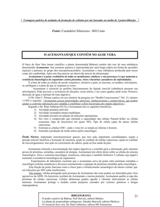 Contagens padrões de unidades de formação de colônias por ml, baseadas na média de 3 pratos/diluição.
Fonte: Curandeiro Silencioso - Bill Coats
O Suco de Aloe Vera (nome científico a planta denominada Babosa) contém alto teor de uma substância
denominada Acemannan. Sua estrutura química é representada por uma longa cadeia em forma de sacarídeo
(açúcar) e pertence ao grupo dos mucopolissacarídeos. Acemannan é uma substância produzida pelo nosso
corpo até a puberdade. Após esta fase precisa ser absorvida através da alimentação.
Acemannan é à parte costituitiva de todas as membranas celulares e sua presença é o que aumenta a
resistência imunológica do organismo contra parasitas, vírus e bactérias causadores de enfermidades.
É a base de todas as células do tecido conjuntivo, inclusive a pele, as mucosas, os tendões, articulações,
as cartilagens e a parte de que se originam os ossos.
Acemannan é essencial ao perfeito funcionamento do líquido sinovial (substância presente nas
articulações). Pode prevenir a ocorrência de afecções, como artrite, e em casos agudos, pode curar. Promove
absorção de água e nutrição do trato digestivo.
O Dr. John C. Pitman explica em seu relatório de pesquisa em “Health Consciousness” Vol. 13, número
1/1992 o seguinte: “Acemannan possui propriedades antivirais, antibacterianas e antimicóticas, que podem
ajudar a controlar infestações por cândida e estabilizar a flora bacteriana dos órgãos digestivos”.
Segundo o Dr. Peter Artheton (EUA) o Acemannan tem os seguintes benefícios:
1) Atividade primária antiviral.
2) Atividade secundária imuno-modulante.
3) Atividade terciária na redução de infecções oportunistas.
4) Em vitro é comprovado que estimula a capacidades das células Natural Killer ou células
assassinas (tipo de leucócitos) em quase 50%. Tipo de célula capaz de atacar células
cancerosas.
5) Estimula as células CD4+, onde o vírus hiv se instala ao infectar o homem.
6) Estimula a produção de óxido nítrico pelos macrófagos.
Óxido Nítrico: importante neurotransmissor gasoso, que tem ação importante vasodilatadora; regula a
pressão arterial; beneficia a formação de memória, ajuda no combate de células cancerosas: ajuda no combate
de microorganismos; tem ação no crescimento do cabelo; ajuda na boa saúde da pele.
Acemannan estimula a movimentação dos órgãos digestivos e contribui para a eliminação, pelo intestino
grosso de proteínas, estranhas, causadora de alergias. Acemannan tem efeito direto sobre as células do sistema
imunológico. Ativa e estimula macrófagos, monócitos, anticorpos e também linfócitos T (células cujo papel é
aumentar a resistência imunológica do organismo).
Experimentos de laboratório mostram que o acemannan serve de ponte entre proteínas estranhas e
macrófagos (células matadoras) e favorece enormemente a captação de proteínas estranhas pelos macrófagos.
Esta função de ponte funciona como a chave para o fortalecimento imunológico do núcleo celular, que
em infecções por HIV estão insuficientes.
Em resumo: células protegidas pela presença de Acemannan não mais podem ser destruídas pelo vírus
agressivos da AIDS. Os leucócitos recebem do Acemannan a mesma proteção. Acemannan quebra a capa das
proteínas de células cancerosas. Células defensoras podem agredir e eliminar efetivamente as células
tumorais. Acemannan protege a medula contra prejuízos causados por venenos químicos e drogas
impregnadoras.
21
O ACEMANNAM QUE CONTÉM NO ALOE VERA
BIBLIOGRAFIA
- O poder curativo da Babosa, Neil Stevens, editora Madras.
- La planta de propriedades milagrosas, Alasdair Barcroft, editora Obelisco.
- El essencial aloe vera, Dr. Peter Artherton, editora Mil Enterprises.
 