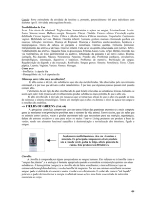 Canela- Forte estimulante da atividade da insulina e, portanto, potencialmente útil para indivíduos com
diabetes tipo II. Atividade anticoagulante branda.
Possibilidades de Uso
Acne. Alto níveis de colesterol. Triglicerídeos, homocisteína e açúcar no sangue. Arteriosclerose. Artrite.
Asma. Sistema imune. Melhora energia. Bronquite. Câncer. Cândida. Catarro crônico. Circulação capilar
debilitada. Cirrose hepática. Cistite. Cólica e cálculos biliares. Cólicas intestinais. Coqueluche. Corrimento
vaginal. Debilidade nervosa. Diabete. Diarréia infantil. Aumenta gordura marrom eliminando gordura em
excesso. Infecções intestinais. Doença de Reynaud. Doenças e distúrbios cardiovasculares, hepáticos e
neuropsíquicos. Dores de cabeça, de garganta e menstruais. Edemas quentes. Enfisema pulmonar.
Enrijecimento das artérias e do baço. Enurese infantil. Falta de ar ou apetite, relacionada com vermes. Febre.
Fortalecimento das artérias. Fraqueza física ou psicológica. Frieiras. Gases. Gota. Gripe. Herpes. Infecção nas
via respiratórias, do trato gastrintestinal ou auditivo. Inflamação da garganta e do nervo ciático. Insônia.
Laringite. Má digestão. Náusea. Neurastenia. Parasitas. Pressão alta. Problemas cardíacos, circulatórios,
dermatológicos, estomacais, digestivos e hepáticos. Problemas de memória. Purificação do sangue.
Regularização da digestão e da evacuação. Resfriados. Sangue grosso. Sinusite. Sonolência. Tosse. Úlcera
péptica. Uretrite. Vaginite. Varizes. Vermes. Verrugas.
Como usar
- Profilaxia: 1 cápsula dia
- Desequilíbrio: de 3 a 8 cápsulas dia
Diferença entre Alho cru e envelhecido?
O alho como o álcool, são substâncias que não são metabolizadas. São absorvidas pelo revestimento
estomacal, e é por isso que deixam o odor característico. É por isso que algumas pessoas passam mal quando
comem alho.
Felizmente, há um tipo de alho envelhecido do qual foram removidas as substâncias tóxicas, tornando-se
assim sem odor. Este processo de envelhecimento produz substâncias mais potentes do que o alho cru.
O alho envelhecido é provado em pesquisas que se torna mais eficaz do que o alho cru quando se trata
de estimular o sistema imunológico. Temos um exemplo que o alho cru diminui o nível de açúcar no sangue e
o envelhecido estabiliza.
→ FIELDS OF GREENS (Cód. 68)
As pesquisas cientificas comprovam que nas tenras folhas das gramíneas encontra-se a mais completa
gama de nutrientes e em proporções perfeitas para o sustento da vida animal. Tanto é assim, que são nelas que
os animais como cavalos, vacas e girafas encontram tudo que necessitam para sua nutrição, regeneração,
defesa do estresse oxidativo e cura para todos os males. Forever Living preparou um produto a base de
verdes, sendo um alimento funcional específico à desintoxicação e revitalização dos intestinos, fígado e
sangue.
Clorofila
A clorofila é comparada por alguns pesquisadores ao sangue humano. Eles referem-se à clorofila como o
“sangue das plantas”, e a analogia é bastante apropriada quando se considera a composição química das duas
substâncias. A hemoglobina (sangue) e a clorofila são de fatos semelhantes; a única diferença é que na
estrutura da hemoglobina há ferro, e na da clorofila há magnésio. Por ser sua estrutura semelhante ao nosso
sangue, pode revitalizá-lo ativamente e assim retardar o envelhecimento. É conhecido como o “sol líquido”
pois tem o poder de transformar a energia recebida de nosso sol em uma fonte concentrada de nutrientes
essenciais ao corpo.
44
Suplemento multivitamínico, rico em vitaminas e
minerais. Os principais componentes deste produto
são a cevada verde, palha de trigo, alfafa, pimenta da
caiena. Este produto tem 80 tabletes.
 