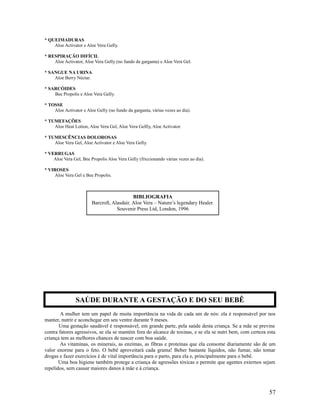 * QUEIMADURAS
Aloe Activator e Aloe Vera Gelly.
* RESPIRAÇÃO DIFÍCIL
Aloe Activator, Aloe Vera Gelly (no fundo da garganta) e Aloe Vera Gel.
* SANGUE NA URINA
Aloe Berry Néctar.
* SARCÓIDES
Bee Propolis e Aloe Vera Gelly.
* TOSSE
Aloe Activator e Aloe Gelly (no fundo da garganta, várias vezes ao dia).
* TUMEFAÇÕES
Aloe Heat Lotion, Aloe Vera Gel, Aloe Vera Gellly, Aloe Activator.
* TUMESCÊNCIAS DOLOROSAS
Aloe Vera Gel, Aloe Activator e Aloe Vera Gelly.
* VERRUGAS
Aloe Vera Gel, Bee Propolis Aloe Vera Gelly (friccionando várias vezes ao dia).
* VIROSES
Aloe Vera Gel e Bee Propolis.
A mulher tem um papel de muita importância na vida de cada um de nós: ela é responsável por nos
manter, nutrir e aconchegar em seu ventre durante 9 meses.
Uma gestação saudável é responsável, em grande parte, pela saúde desta criança. Se a mãe se previne
contra fatores agressivos, se ela se mantém fora do alcance de toxinas, e se ela se nutri bem, com certeza esta
criança tem as melhores chances de nascer com boa saúde.
As vitaminas, os minerais, as enzimas, as fibras e proteínas que ela consome diariamente são de um
valor enorme para o feto. O bebê aproveitará cada grama! Beber bastante líquidos, não fumar, não tomar
drogas e fazer exercícios é de vital importância para o parto, para ela e, principalmente para o bebê.
Uma boa higiene também protege a criança de agressões tóxicas e permite que agentes externos sejam
repelidos, sem causar maiores danos à mãe e à criança.
57
SAÚDE DURANTE A GESTAÇÃO E DO SEU BEBÊ
BIBLIOGRAFIA
Barcroft, Alasdair. Aloe Vera – Nature’s legendary Healer.
Souvenir Press Ltd, London, 1996
 