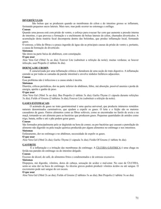 DIVERTÍCULOS
São bolsas que se produzem quando as membranas do cólon e do intestino grosso se inflamam,
formando pequenos sacos laterais. Mais raro, mas pode ocorrer no estomago e esôfago.
Causas
Quando uma pessoa está com prisão de ventre, o esforço para evacuar faz com que aumente a pressão interna
do intestino, o que provoca a formação e o enchimento de bolsas laterais do cólon, chamados divertículos. A
acumulação desta matéria fecal decomposta dentro das bolsinhas, que produz inflamação local, formando
gases.
O estresse, a falta de fibras e a pouca ingestão de água são as principais causas da prisão de ventre e, portanto,
a causa da formação do divertículo.
Sintomas
São dores na parte baixa do abdômen, com constipação.
O que usar
Aloe Vera Gel (50ml 3x ao dia); Forever Lite (substituir a refeição da noite); muitas verduras; se houver
infecção, usar Propolis (1 tablete 4x dia).
DOENÇA DE CROHN
É caracterizada por uma inflamação crônica e duradoura de uma seção do trato digestivo. A inflamação
estende-se por todas as camadas da parede intestinal e envolve nódulos linfáticos adjacentes.
Causas
Esse problema não é infeccioso e a causa ainda é incerta.
Sintomas
Diarréia, cólicas periódicas, dor na parte inferior do abdômen, febre, má absorção, possível anemia e perda de
energia, apetite e ganho de peso.
O que usar
Aloe Vera Gel (50ml 3x ao dia); Bee Propolis (1 tablete 3x dia); Garlic-Thyme (1 cápsula durante refeições
3x dia); Fields of Greens (2 tabletes 3x dia); Forever Lite (substituir a refeição da noite).
GASES ESTOMACAIS
O acúmulo de gases no trato gastrintestinal é uma queixa universal, que produziu inúmeros remédios
naturais denominados carminativos, que ajudam a expelir os gases. O leite e o feijão são os maiores
causadores de gases. Outros alimentos como as fibras solúveis, como as encontradas no farelo de aveia e na
maçã, tornando-se um alimento para as bactérias que produzem gases. Pequenas quantidades de amidos como
trigo, batata, milho e até o pão podem gerar gases.
Causas
São formados principalmente pelo ar deglutido na hora de comer, ou por bactérias que causam a putrefação do
alimento não digerido ou pela reação química produzida por alguns alimentos no estômago e nos intestinos.
Sintomas
Enfaramento, dor no estômago e no abdômen, necessidade de expelir os gases.
O que usar
Aloe Vera Gel (30ml 2x dia); Garlic-Thyme (1 cápsula 3x dia); Fields Of Greens (1 tablete 4x dia).
GASTRITE
É a inflamação e a irritação das membranas do estômago. A ÚLCERA GÁSTRICA é uma chaga ou
ferida nas paredes do estômago ou do intestino delgado.
Causas
Excesso de álcool, de café, de alimentos fritos e condimentados e de estresse excessivo.
Sintomas
Dispepsia, má digestão, vômitos, dores de cabeça, sensação de acidez e mal-estar. No caso de ÚLCERA,
sente-se uma dor na boca do estômago. As úlceras graves podem produzir vômitos ácidos ou até sangue. O
excremento pode sair sangue de cor escura.
O que usar
Aloe Vera Gel (30ml 2x ao dia); Fields of Greens (2 tabletes 3x ao dia); Bee Propolis (1 tablete 3x ao dia).
71
 