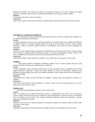 Retenção de líquidos, mas muitas vezes pode ser causada por alergias. Ver se não é alérgico por algum
alimento. Se persistir o edema pode ser causado por problemas de rins, bexiga, coração e fígado.
Sintomas
O inchaço do edema leva a dores musculares.
O que usar
Aloe Vera Gel (30ml 2x dia); Fields of Greens (1 tablete 6x dia); Aloe Vera Gelly (3x dia ou mais no local).
ENXAQUECA / CEFALÉIA TENSIONAL
Dor ocasionada na cabeça. Setenta por cento das pessoas que sofrem de enxaqueca são mulheres e as
enxaquecas são geralmente hereditárias.
Causas
As alergias alimentares são uma causa comum da enxaqueca, que também pode ser o resultado de problemas
de fígado. Estresse e má postura também podem ser causa de dor de cabeça. Prisão de ventre, alergias
ambientais e falta de exercício também devem ser considerados como possíveis causas subjacentes da
enxaqueca.
Sintomas
Começa com uma cefaléia latejante, geralmente localizada acima ou atrás de um dos olhos; ou pode começar
atrás da cabeça e espalhar-se para todo lado da cabeça. É em geral acompanhada de náusea, vomito, visão
turva e formigamento, dormência nos membros que podem durar até dezoito horas.
O que usar
Aloe Vera Gel (50ml 2x dia); Artic-Sea (1 cápsula 3x dia); Aloe Heat Lotion (passar no local 3x dia).
ESTRIAS
São vergões cutâneos localizados no abdômen, quadris, seios, e na parte superior das coxas, num
primeiro momento violáceos, em seguida brancos e indeléveis.
Causas
Ocorrem, geralmente, após a gravidez, perda de peso ou, pelo contrário, depois de engordar muito. São de
origem endócrina, traduzindo a ruptura das fibras elásticas do tecido de sustentação. Aparecem mais
facilmente nas peles frágeis das loiras e nas mulheres gordinhas. Outras causas são excesso de musculação e
crescimento rápido.
Sintomas
Esgarçamento das células da pele (são feitas de colágeno e elastina), pois não agüentam a pressão e se
rompem.
O que usar
Aloe Berry Néctar (30ml 2x dia); Absorbent-C (1 tablete 3x dia); Aloe Cond. Creme (passar 1x ao dia no
local); Aloe Lotion (passar 1x dia).
FURÚNCULO
É uma área da pele inflamada, redonda, macia e cheia de pus.
Causas
Pode ser causado por uma infecção bacteriana, alergia e microrganismos que estão no ar ou alimentos,
estresse, higiene deficiente, doença, baixa resistência, certos medicamentos, consumo excessivo de alimentos
ricos em calorias, mas de pouco valor nutritivo, ferimento infectado, toxinas nos intestinos e corrente
sanguínea ou problemas de tiróide.
Sintomas
Incluem coceira, leve dor e inchaço localizado. Os furúnculos aparecem de repente. Dentro de 24hs, ficam
vermelhos e cheio de pus.
O que usar
Aloe Berry Néctar (30ml 2x dia); Bee Propolis (1 tablete 4x dia); Creme de Própolis (3x dia no local).
90
 