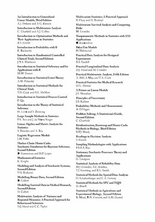 K11828_C00.fm Page iii Tuesday, November 19, 2013 4:18 PM
An Introduction to Generalized
Linear Models,Third Edition
A.J.lJobson and A.C.Barnett
Introduction to .Multivariate Analysis
C. Chatfield and A.J. Collins
Introduction to Optimization :Methods and
Thdr Applications in Statistics
B.S.Everitt
Introduction to Probabilitywith R
K. Badawski
Introduction to Randomized Controlled
Clinical Trials, Second Edition
].N.S. I1atthe,;vs
Intraduction to Statistical Inference and Its
Applications with R
l1.,.Trosset
Introduction to Statistical LimitTheory
A.M. Polansh.)'
Introduction to Statistical Methods for
Clinical Trials
T.D. Cook and D.L. DeMets
Introduction to Statistical Process Control
P. Qiu
Introduction to theTheory of Statistical
Inference
11. Licro and S. Zwanzig
Large Sample Methods in Statistics
P.K. Sen andJ. da l.·Totta Singer
Linear Algebra and Matrix Analysis for
Statistics
S. Ban�Ij�� and A. Roy
Logistic Regression .Models
J.M.llilbe
ltlarkov Chainltlonte Carlo:
Stochastic Simulation for Bayesian Inference,
Second Edition
D. Gamerman and H.E Lopes
.Mathematieal Statistics
K. Knight
l.tlodeling and Analysis of Stochastic Systems,
Second Edition
V.G. Kulkarni
.ModeUing Binary Data, Second Edition
D. Collett
l.tlodelling Survival Data in l.tledical Research,
Second Edition
D. Collett
.Multivariate Analysis of Variance and
Repeated Measures: A Practical Approach for
Behavionral Scientists
DJ Hand and C.C.Taylo,
Multivariate Statistics: A Practical Approach
R. Flury and H. Riedwyl
.ltlultivariate Survival Analysis and Competing
Risks
Iv!. Crowd�r
Nonparametric Methods in Statistics with SAS
Applications
O. K or
ostc1 e
....
<l
Polya Urn Models
H.Ivlahmoud
Practical Data Analysis for Designed
Experiments
B.S. Yandell
Practical Longitudinal Data Analysis
D.j.l1and and 1.1. Crowder
Practical.Multivariate Analysis, Fifth Edition
A. Afifi, S. May, and VA Cla,k
Practical Statistics for .Medical Research
D.C. Altman
A Primer on Linear ltlodels
].F. Monahan
Principles of Uncertainty
J.Il. Kadane
Probability:.Methods andltleasurement
A. O'Hagan
Problem Solving: A Statistician's Cuide,
Second Edition
C. Chatfield
R.uldom..ization, Bootstrap and Monte Carlo
lVlethods in Biology,"Third Edition
B.FJ Manly
Readings in Decision Analysis
S. French
Sampling Methodologies with Applications
P.S.R.S. Rao
Stationary Stochastic Processes: Theory and
Applications
G. Lindgren
Statistical Analysis of Reliability Data
IV1.j. Cro'wdcr, A.C.Kimber,
T.J. Sweeting, and RL. Smith
Statistical Methods for Spatial Data Analysis
O. Schabenh�rger and C.A. Gotvvay
Statistical Methods for SPC andTQM
D.Bissell
Statisticalltlethods in Agriculture and
Experimental Riology, Second Edition
R. Mead, R.N. Cu rno'w, and A..
M. Hasted
 