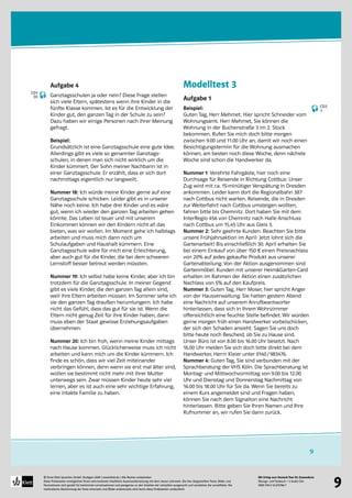 Mit Erfolg zum Deutsch-Test für Zuwanderer
Übungs- und Testbuch + 2 Audio-CDs
ISBN 978-3-12-675786-7
© Ernst Klett Sprachen GmbH, Stuttgart 2009 | www.klett.de | Alle Rechte vorbehalten 
Diese Probeseiten ermöglichen Ihnen eine konkrete inhaltliche Auseinandersetzung mit dem neuen Lehrwerk. Die hier dargestellten Texte, Bilder und
Illustrationen sind gezielt für bestimmte Lernsituationen und passgenau zu den Inhalten der Lehrpläne ausgesucht und verstärken die Lerneffekte. Die
methodische Abstimmung der Texte einerseits und Bilder andererseits wird durch diese Probeseiten verdeutlicht
9
9
Aufgabe 4
Ganztagsschulen ja oder nein? Diese Frage stellen
sich viele Eltern, spätestens wenn ihre Kinder in die
fünfte Klasse kommen. Ist es für die Entwicklung der
Kinder gut, den ganzen Tag in der Schule zu sein?
Dazu haben wir einige Personen nach ihrer Meinung
gefragt.
Beispiel:
Grundsätzlich ist eine Ganztagsschule eine gute Idee.
Allerdings gibt es viele so genannter Ganztags-
schulen, in denen man sich nicht wirklich um die
Kinder kümmert. Der Sohn meiner Nachbarin ist in
einer Ganztagsschule. Er erzählt, dass er sich dort
nachmittags eigentlich nur langweilt.
Nummer 18: Ich würde meine Kinder gerne auf eine
Ganztagsschule schicken. Leider gibt es in unserer
Nähe noch keine. Ich habe drei Kinder und es wäre
gut, wenn ich wieder den ganzen Tag arbeiten gehen
könnte. Das Leben ist teuer und mit unserem
Einkommen können wir den Kindern nicht all das
bieten, was wir wollen. Im Moment gehe ich halbtags
arbeiten und muss mich dann noch um
Schulaufgaben und Haushalt kümmern. Eine
Ganztagsschule wäre für mich eine Erleichterung,
aber auch gut für die Kinder, die bei dem schweren
Lernstoff besser betreut werden müssten.
Nummer 19: Ich selbst habe keine Kinder, aber ich bin
trotzdem für die Ganztagsschule. In meiner Gegend
gibt es viele Kinder, die den ganzen Tag allein sind,
weil ihre Eltern arbeiten müssen. Im Sommer sehe ich
sie den ganzen Tag draußen herumlungern. Ich habe
nicht das Gefühl, dass das gut für sie ist. Wenn die
Eltern nicht genug Zeit für ihre Kinder haben, dann
muss eben der Staat gewisse Erziehungsaufgaben
übernehmen.
Nummer 20: Ich bin froh, wenn meine Kinder mittags
nach Hause kommen. Glücklicherweise muss ich nicht
arbeiten und kann mich um die Kinder kümmern. Ich
finde es schön, dass wir viel Zeit miteinander
verbringen können, denn wenn sie erst mal älter sind,
wollen sie bestimmt nicht mehr mit ihrer Mutter
unterwegs sein. Zwar müssen Kinder heute sehr viel
lernen, aber es ist auch eine sehr wichtige Erfahrung,
eine intakte Familie zu haben.
Modelltest 3
Aufgabe 1
Beispiel:
Guten Tag, Herr Mehmet. Hier spricht Schneider vom
Wohnungsamt. Herr Mehmet, Sie können die
Wohnung in der Buchenstraße 3 im 2. Stock
bekommen. Rufen Sie mich doch bitte morgen
zwischen 9.00 und 11.00 Uhr an, damit wir noch einen
Besichtigungstermin für die Wohnung ausmachen
können, am besten noch diese Woche, denn nächste
Woche sind schon die Handwerker da.
Nummer 1: Verehrte Fahrgäste, hier noch eine
Durchsage für Reisende in Richtung Cottbus: Unser
Zug wird mit ca. 15-minütiger Verspätung in Dresden
ankommen. Leider kann dort die Regionalbahn 387
nach Cottbus nicht warten. Reisende, die in Dresden
zur Weiterfahrt nach Cottbus umsteigen wollten,
fahren bitte bis Chemnitz. Dort haben Sie mit dem
InterRegio 456 von Chemnitz nach Halle Anschluss
nach Cottbus um 15.45 Uhr aus Gleis 3.
Nummer 2: Sehr geehrte Kunden. Beachten Sie bitte
unsere Frühjahrsaktion im April: Jetzt lohnt sich die
Gartenarbeit! Bis einschließlich 30. April erhalten Sie
bei einem Einkauf von über 150 € einen Preisnachlass
von 20% auf jedes gekaufte Produkt aus unserer
Gartenabteilung. Von der Aktion ausgenommen sind
Gartenmöbel. Kunden mit unserer Heim&Garten-Card
erhalten im Rahmen der Aktion einen zusätzlichen
Nachlass von 5% auf den Kaufpreis.
Nummer 3: Guten Tag, Herr Moser, hier spricht Anger
von der Hausverwaltung. Sie hatten gestern Abend
eine Nachricht auf unserem Anrufbeantworter
hinterlassen, dass sich in Ihrem Wohnzimmer
offensichtlich eine feuchte Stelle befindet. Wir würden
gerne morgen früh einen Handwerker vorbeischicken,
der sich den Schaden ansieht. Sagen Sie uns doch
bitte heute noch Bescheid, ob Sie zu Hause sind.
Unser Büro ist von 8.00 bis 16.00 Uhr besetzt. Nach
16.00 Uhr melden Sie sich doch bitte direkt bei dem
Handwerker, Herrn Kleier unter 0140/983476.
Nummer 4: Guten Tag, Sie sind verbunden mit der
Sprachberatung der VHS Köln. Die Sprachberatung ist
Montag- und Mittwochvormittag von 9.00 bis 12.00
Uhr und Dienstag und Donnerstag Nachmittag von
16.00 bis 18.00 Uhr für Sie da. Wenn Sie bereits zu
einem Kurs angemeldet sind und Fragen haben,
können Sie nach dem Signalton eine Nachricht
hinterlassen. Bitte geben Sie Ihren Namen und Ihre
Rufnummer an, wir rufen Sie dann zurück.
CD1
30
CD2
1
 