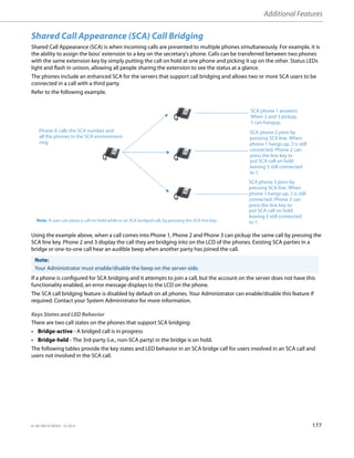 Additional Features
41-001385-05 REV03 – 07.2014 177
Shared Call Appearance (SCA) Call Bridging
Shared Call Appearance (SCA) is when incoming calls are presented to multiple phones simultaneously. For example, it is
the ability to assign the boss' extension to a key on the secretary's phone. Calls can be transferred between two phones
with the same extension key by simply putting the call on hold at one phone and picking it up on the other. Status LEDs
light and flash in unison, allowing all people sharing the extension to see the status at a glance.
The phones include an enhanced SCA for the servers that support call bridging and allows two or more SCA users to be
connected in a call with a third party.
Refer to the following example.
Using the example above, when a call comes into Phone 1, Phone 2 and Phone 3 can pickup the same call by pressing the
SCA line key. Phone 2 and 3 display the call they are bridging into on the LCD of the phones. Existing SCA parties in a
bridge or one-to-one call hear an audible beep when another party has joined the call.
If a phone is configured for SCA bridging and it attempts to join a call, but the account on the server does not have this
functionality enabled, an error message displays to the LCD on the phone.
The SCA call bridging feature is disabled by default on all phones. Your Administrator can enable/disable this feature if
required. Contact your System Administrator for more information.
Keys States and LED Behavior
There are two call states on the phones that support SCA bridging:
• Bridge-active - A bridged call is in progress
• Bridge-held - The 3rd-party (i.e., non-SCA party) in the bridge is on hold.
The following tables provide the key states and LED behavior in an SCA bridge call for users involved in an SCA call and
users not involved in the SCA call.
Note:
Your Administrator must enable/disable the beep on the server-side.
Phone A calls the SCA number and
all the phones in the SCA environment
ring.
SCA phone 1 answers.
SCA phone 2 joins by
pressing SCA line. When
When 2 and 3 pickup,
1 can hangup.
phone 1 hangs up, 2 is still
connected. Phone 2 can
press the line key to
Note: A user can place a call on hold while in an SCA bridged call, by pressing the SCA line key.
put SCA call on hold
leaving 3 still connected
to 1.
SCA phone 3 joins by
pressing SCA line. When
phone 1 hangs up, 3 is still
connected. Phone 3 can
press the line key to
put SCA call on hold
leaving 2 still connected
to 1.
 