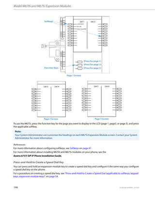 Model M670i and M675i Expansion Modules
196 41-001385-05 REV03 – 07.2014
To use the M675i, press the function key for the page you want to display to the LCD (page 1, page2, or page 3), and press
the applicable softkey.
References
For more information about configuring softkeys, see Softkeys on page 47.
For more information about installing M670i and M675i modules on your phone, see the
Aastra 6757i SIP IP Phone Installation Guide.
Press-and-Hold to Create a Speed Dial Key
You can press and hold an expansion module key to create a speed dial key and configure it the same way you configure
a speed dial key on the phone.
For a procedure on creating a speed dial key, see “Press-and-Hold to Create a Speed Dial (applicable to softkeys, keypad
keys, expansion module keys)” on page 54.
Note:
Your System Administrator can customize the headings on each M675i Expansion Module screen. Contact your System
Administrator for more information.
Softkeys
Function Keys
(Press for page 1)
(Press for page 2)
(Press for page 3)
Page 1 Screen
Page 2 Screen Page 3 Screen
 
