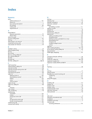 Index-1 41-001385-05 REV03 – 07.2014
Index
Numerics
6757i
additional features of ...................................................................................161
features of .............................................................................................................1
keys and key descriptions ................................................................................9
line settings ....................................................................................................... 46
making calls .....................................................................................................111
requirements of ...................................................................................................2
A
Aastra Web UI
Operaton parameters ..................................................................................... 18
phone status ...................................................................................................... 18
about this guide ..........................................................................................................1
account configuration .........................................................................................141
ACD key .......................................................................................................................67
allow barge-in, for intercom ..............................................................................174
answering incoming calls ...................................................................................116
auto-answer, for intercom ..................................................................................174
B
backlight, setting .....................................................................................................27
bad encrypted config ..........................................................................................198
BLF key ........................................................................................................................64
BLF List key .................................................................................................................65
BLF List, setting softkey for ..................................................................................66
BLF, setting softkey for ..........................................................................................64
BLF/Xfer .......................................................................................................................87
BLF/Xfer key ...............................................................................................................87
BLF/Xfer, softkeys for ......................................................................................88, 90
C
Call Forward key ......................................................................................................86
call forwarding, softkeys for ................................................................................86
call hold reminder .................................................................................................168
call hold reminder during active calls ............................................................167
call waiting tone ....................................................................................................162
call waiting tone period ......................................................................................169
callers list ..................................................................................................................137
deleting entries in .........................................................................................140
downloading to phone .....................................................................136, 141
editing ...............................................................................................................138
using ...................................................................................................................138
using on phone ..............................................................................................138
Callers List key ..........................................................................................................99
callers list, softkey for ...........................................................................................100
calls
receiving ...........................................................................................................116
calls, ending .............................................................................................................126
calls, transferring ...................................................................................................118
conferencing
centralized ........................................................................................................124
ending ...............................................................................................................126
joining two active calls ................................................................................123
local ....................................................................................................................121
pre-dial and live dial mode ........................................................................122
transfer remaining parties ..........................................................................126
conferencing calls .................................................................................................121
contrast level, setting .............................................................................................27
D
DCP key ........................................................................................................................71
deleting a key ......................................................................................................... 110
dial plan, emergency ..............................................................................................45
dial tones, stuttered ............................................................................................. 163
dialing
pre-dialling a number .................................................................................. 111
dialing a number ................................................................................................... 111
dialpad, live ................................................................................................................28
Directory key ..............................................................................................................97
directory key, softkey for .......................................................................................98
directory list ............................................................................................................ 127
adding and editing entries ........................................................................ 128
arranging entries ........................................................................................... 132
deleting numbers and labels for an entry ............................................ 133
downloading to PC ....................................................................................... 135
limitations for ................................................................................................. 128
scrolling multiple screens .......................................................................... 131
sorting ............................................................................................................... 128
DND key .......................................................................................................................62
DND, enabling/disabling .......................................................................... 142, 146
do not disturb, setting softkey for .....................................................................63
documentation ...........................................................................................................1
DTMF digits, displaying ...................................................................................... 161
E
emergency dial plan, defining ............................................................................45
Empty key ................................................................................................................ 109
empty key, softkey for ............................................................................... 108, 109
expansion module, 675i ..................................................................................... 193
expansion module, M670i and M675i ........................................................... 193
F
Flash key ......................................................................................................................80
G
GCP key ........................................................................................................................71
getting started ............................................................................................................3
Goodbye key cancels incoming call ............................................................... 171
configuring ...................................................................................................... 172
using .................................................................................................................. 172
group RTP paging ................................................................................................. 176
H
handling calls ......................................................................................................... 117
headset mic ............................................................................................................. 112
headset mode ...........................................................................................................29
headset, using ........................................................................................................ 112
headset/speaker mode ..........................................................................................29
held calls, retrieving ............................................................................................. 118
hold, automatic ..................................................................................................... 118
I
idle screen .....................................................................................................................6
Indication of transferred calls ........................................................................... 121
Installation ..................................................................................................................10
installation and setup ...............................................................................................2
intercom calls
incoming call features ................................................................................. 174
 