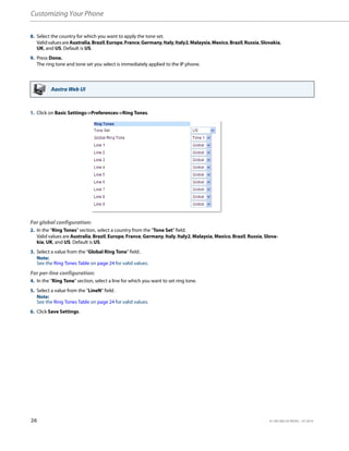Customizing Your Phone
26 41-001385-05 REV03 – 07.2014
8. Select the country for which you want to apply the tone set.
ValidvaluesareAustralia,Brazil,Europe,France,Germany,Italy,Italy2,Malaysia,Mexico,Brazil,Russia,Slovakia,
UK, and US. Default is US.
9. Press Done.
The ring tone and tone set you select is immediately applied to the IP phone.
Aastra Web UI
1. Click on Basic Settings->Preferences->Ring Tones.
For global configuration:
2. In the "Ring Tones" section, select a country from the "Tone Set" field.
Valid values are Australia, Brazil, Europe, France, Germany, Italy, Italy2, Malaysia, Mexico, Brazil, Russia, Slova-
kia, UK, and US. Default is US.
3. Select a value from the "Global Ring Tone" field.
Note:
See the Ring Tones Table on page 24 for valid values.
For per-line configuration:
4. In the "Ring Tone" section, select a line for which you want to set ring tone.
5. Select a value from the "LineN" field.
Note:
See the Ring Tones Table on page 24 for valid values.
6. Click Save Settings.
 