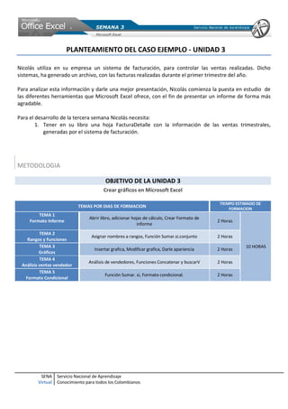 SENA
Virtual
Servicio Nacional de Aprendizaje
Conocimiento para todos los Colombianos
PLANTEAMIENTO DEL CASO EJEMPLO - UNIDAD 3
Nicolás utiliza en su empresa un sistema de facturación, para controlar las ventas realizadas. Dicho
sistemas, ha generado un archivo, con las facturas realizadas durante el primer trimestre del año.
Para analizar esta información y darle una mejor presentación, Nicolás comienza la puesta en estudio de
las diferentes herramientas que Microsoft Excel ofrece, con el fin de presentar un informe de forma más
agradable.
Para el desarrollo de la tercera semana Nicolás necesita:
1. Tener en su libro una hoja FacturaDetalle con la información de las ventas trimestrales,
generadas por el sistema de facturación.
METODOLOGIA
OBJETIVO DE LA UNIDAD 3
Crear gráficos en Microsoft Excel
TEMAS POR DIAS DE FORMACION
TIEMPO ESTIMADO DE
FORMACION
TEMA 1
Formato Informe
Abrir libro, adicionar hojas de cálculo, Crear Formato de
informe
2 Horas
10 HORAS
TEMA 2
Rangos y Funciones
Asignar nombres a rangos, Función Sumar.si.conjunto 2 Horas
TEMA 3
Gráficos
Insertar grafica, Modificar grafica, Darle apariencia 2 Horas
TEMA 4
Análisis ventas vendedor
Análisis de vendedores, Funciones Concatenar y buscarV 2 Horas
TEMA 5
Formato Condicional
Función Sumar. si, Formato condicional. 2 Horas
 
