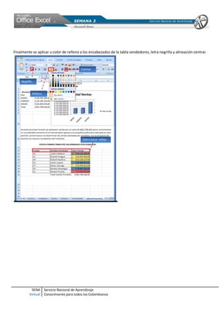 SENA
Virtual
Servicio Nacional de Aprendizaje
Conocimiento para todos los Colombianos
Finalmente se aplicar u color de relleno a los encabezados de la tabla vendedores, letra negrilla y alineación centrar.
 