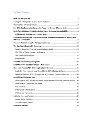 1
Table of Contents
Oil & Gas Background..........................................................................................................3
Geological setting of the Guyana-Suriname Basin: .............................................................5
History of Oil & Gas Exploration: .........................................................................................9
Key Oil & Gas Exploration Companies Players in Guyana Offshore Basin:.....................15
Basin Potential According to the United States Geological Survey (USGS)....................16
Offshore and Onshore Block Licence Map:..................................................................17
Petroleum Exploration & Production Licence, Block Reference Map of Onshore and
Offshore Concessions........................................................................................................18
Guyana’s Attractiveness for Petroleum Ventures:..........................................................19
The Significant Guyana Oil Discovery:..............................................................................20
Roughly Quantified Financial Impact to Exxon Mobil:...................................................20
This Oil Is a "Game Changer" for Guyana: .....................................................................21
The Venezuelan Curveball: ............................................................................................21
Bottom Line:...................................................................................................................23
ExxonMobil’s Looming Downgrade..................................................................................24
ExxonMobil Pre-Feed bids for Liza-1 Well Guyana..........................................................25
Near-term Future of Oil & Gas Exploration in Guyana....................................................26
Crude Oil Price Forecast: Long Term 2016 to 2025 | Data and Charts..........................26
Petroleum Politics: OPEC - Organization of Petroleum Exporting Countries ................33
Availability of Infrastructure:............................................................................................34
Infrastructure and Construction Needs: Current Construction Sector and Capacity....34
Infrastructure Constraints and Needs ...........................................................................34
Port facilities ..................................................................................................................34
Other Direct Infrastructure............................................................................................35
Utilities and Transport ...................................................................................................36
Public Services and Facilities..............................................................................................37
Private Sector Facilities..................................................................................................37
Social-Economic Impacts: ..............................................................................................38
Role of local Banks ............................................................................................................39
 