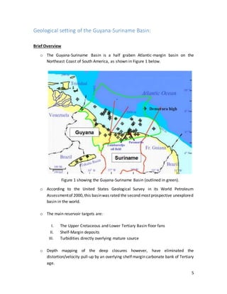5
Geological setting of the Guyana-Suriname Basin:
Brief Overview
o The Guyana-Suriname Basin is a half graben Atlantic-margin basin on the
Northeast Coast of South America, as shown in Figure 1 below.
Figure 1 showing the Guyana-Suriname Basin (outlined in green).
o According to the United States Geological Survey in its World Petroleum
Assessmentof 2000, this basinwas rated the second most prospective unexplored
basin in the world.
o The main reservoir targets are:
I. The Upper Cretaceous and Lower Tertiary Basin floor fans
II. Shelf-Margin deposits
III. Turbidities directly overlying mature source
o Depth mapping of the deep closures however, have eliminated the
distortion/velocity pull-up by an overlying shelf margin carbonate bank of Tertiary
age.
 
