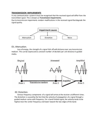 TRANSMISSION IMPAIRMENTS
In any communication system it must be recognized that the received signal will differ from the
transmitted signal. This is known as Transmission impairments.
Due to transmission impairments random modifications in the received signal that degrade the
signal quality.
O1. Attenuation.
Loss of energy, the strength of a signal falls off with distance over any transmission
medium. This can be expressed as constant number of decibels per unit distance in guided
media.
02. Distortion.
Various frequency components of a signal will arrive at the receiver at different times.
The distortion is caused by the fact that the velocity of propagation of a signal through a
guided medium varies with frequency. For a band limited signal, the velocity tends to be
highest near the center frequency and lower toward the two edges of the band.
Impairment causes
Attenuation Distortion Noise
 