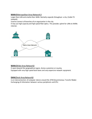 MAN (Metropolitan Area Network )
Larger than LAN and smaller than WAN. Normally expands throughout a city. (Cable TV
network).
Used to connect all branches of an organization in the city.
It may use high capacity and high speed fiber optics. This provides uplink for LANs to WANs
internet.
WAN (Wide Area Network)
It spans beyond the geographical region. Across a province or country.
Equipped with very high speed back-bone and very expensive network equipment.
DAN (Desk Area Network)
Is an interconnection of computer device around the ATM (Asynchronous Transfer Mode)
Exchanging of information between various peripherals and CPU.
 