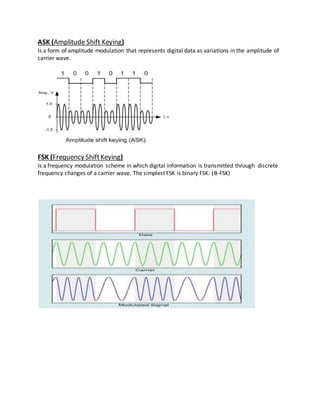ASK (Amplitude Shift Keying)
Is a form of amplitude modulation that represents digital data as variations in the amplitude of
carrier wave.
FSK (Frequency ShiftKeying)
Is a frequency modulation scheme in which digital information is transmitted through discrete
frequency changes of a carrier wave. The simplest FSK is binary FSK. (B-FSK)
 