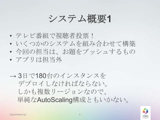 システム概要1
• いくつかのシステムを組み合わせて構築
• 今回の担当は、75万のクライアントに
データをプッシュするもの
• アプリは担当外
→ 3日で180台のインスタンスを
デプロイしなければならない。
しかも複数リージョンなので、
単純なAutoScaling構成ともいかない。
classmethod.jp

4

 