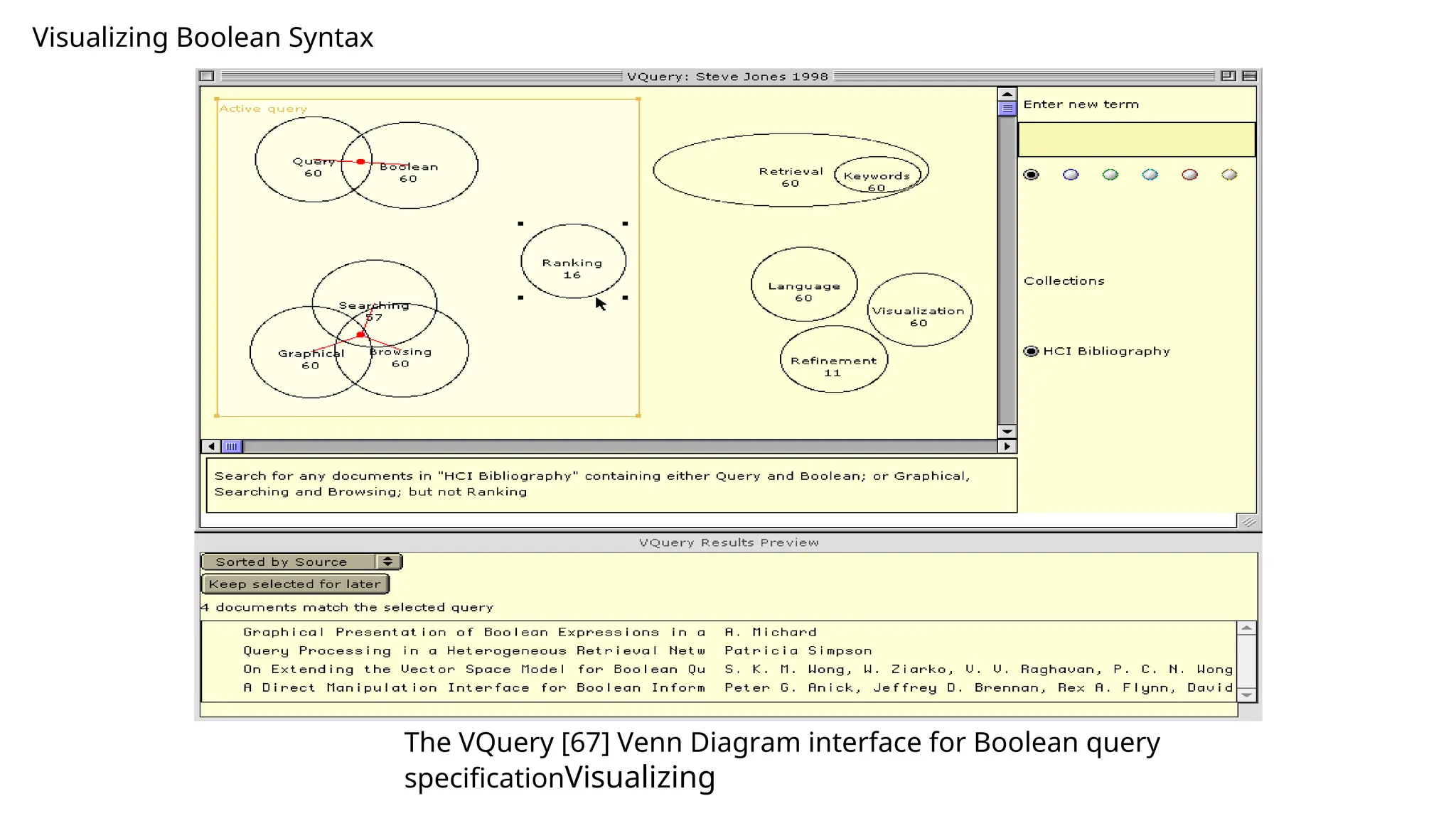 Visualizing Boolean Syntax
The VQuery [67] Venn Diagram interface for Boolean query
specificationVisualizing
 