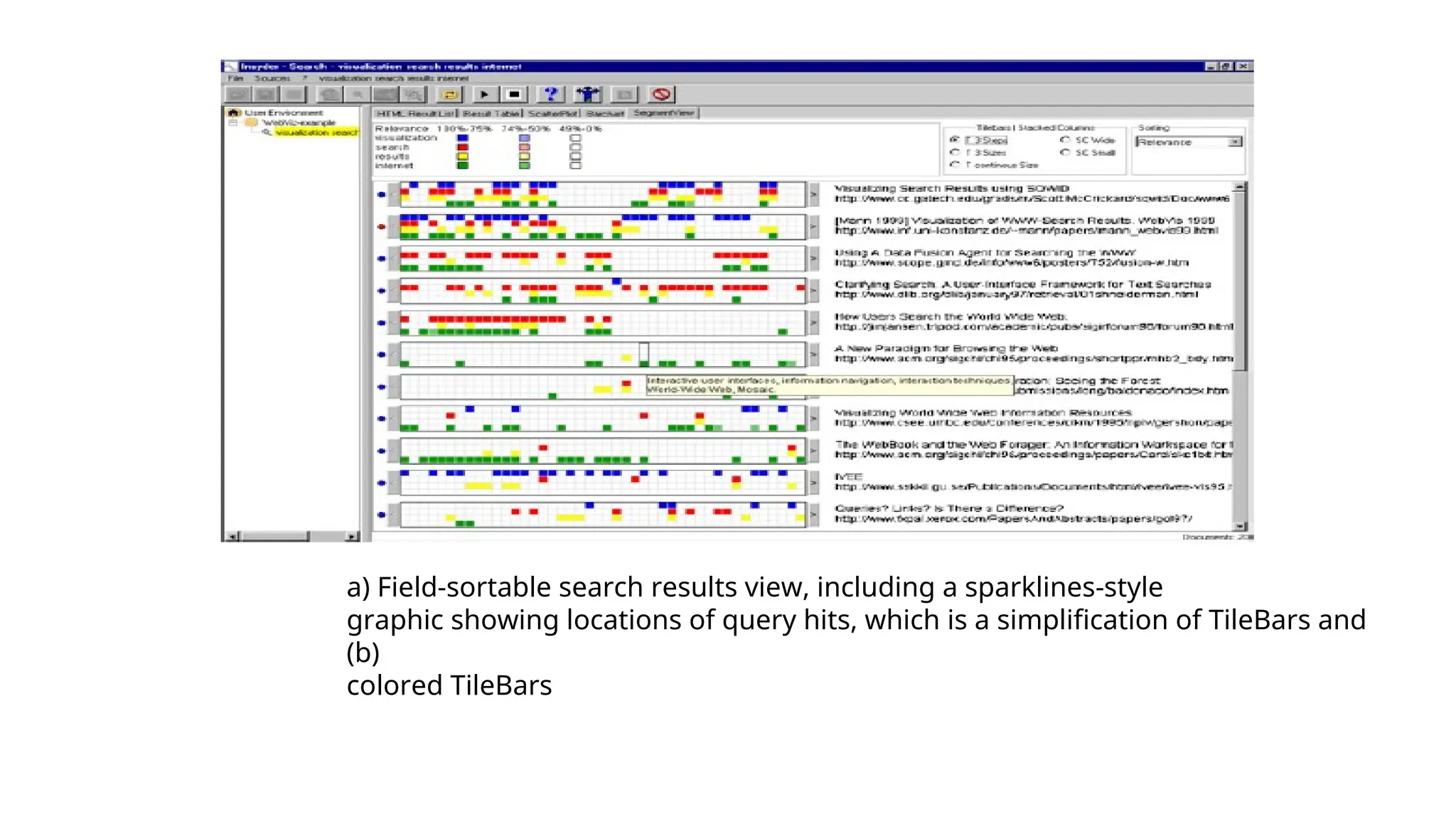 a) Field-sortable search results view, including a sparklines-style
graphic showing locations of query hits, which is a simplification of TileBars and
(b)
colored TileBars
 