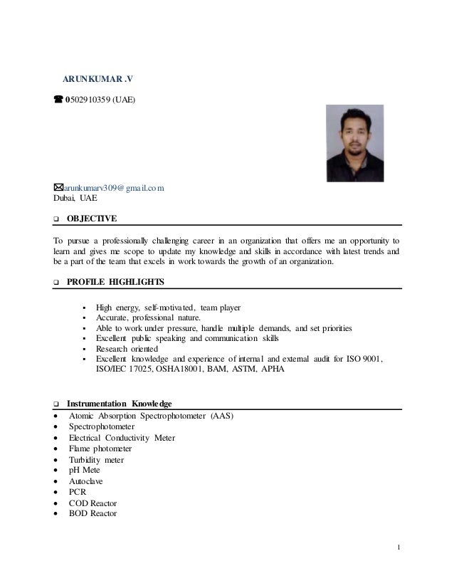 arun cv chemist plant chemist resume