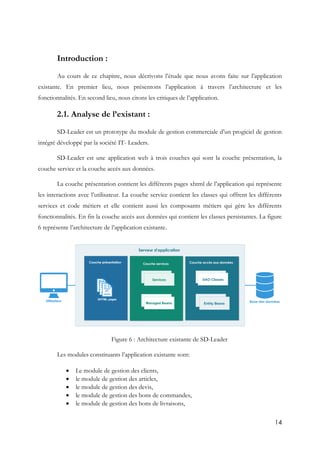 14
Introduction :
Au cours de ce chapitre, nous décrivons l’étude que nous avons faite sur l’application
existante. En premier lieu, nous présentons l’application à travers l’architecture et les
fonctionnalités. En second lieu, nous citons les critiques de l’application.
2.1. Analyse de l’existant :
SD-Leader est un prototype du module de gestion commerciale d’un progiciel de gestion
intégré développé par la société IT- Leaders.
SD-Leader est une application web à trois couches qui sont la couche présentation, la
couche service et la couche accès aux données.
La couche présentation contient les différents pages xhtml de l’application qui représente
les interactions avec l’utilisateur. La couche service contient les classes qui offrent les différents
services et code métiers et elle contient aussi les composants métiers qui gère les différents
fonctionnalités. En fin la couche accès aux données qui contient les classes persistantes. La figure
6 représente l’architecture de l’application existante.
Figure 6 : Architecture existante de SD-Leader
Les modules constituants l’application existante sont:
 Le module de gestion des clients,
 le module de gestion des articles,
 le module de gestion des devis,
 le module de gestion des bons de commandes,
 le module de gestion des bons de livraisons,
 