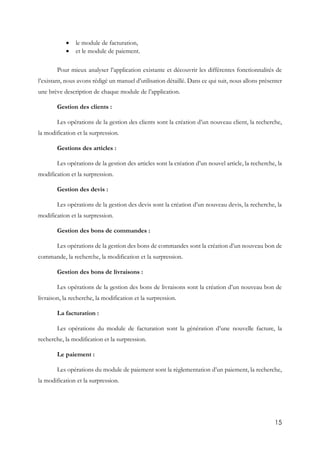 15
 le module de facturation,
 et le module de paiement.
Pour mieux analyser l’application existante et découvrir les différentes fonctionnalités de
l’existant, nous avons rédigé un manuel d’utilisation détaillé. Dans ce qui suit, nous allons présenter
une brève description de chaque module de l’application.
Gestion des clients :
Les opérations de la gestion des clients sont la création d’un nouveau client, la recherche,
la modification et la surpression.
Gestions des articles :
Les opérations de la gestion des articles sont la création d’un nouvel article, la recherche, la
modification et la surpression.
Gestion des devis :
Les opérations de la gestion des devis sont la création d’un nouveau devis, la recherche, la
modification et la surpression.
Gestion des bons de commandes :
Les opérations de la gestion des bons de commandes sont la création d’un nouveau bon de
commande, la recherche, la modification et la surpression.
Gestion des bons de livraisons :
Les opérations de la gestion des bons de livraisons sont la création d’un nouveau bon de
livraison, la recherche, la modification et la surpression.
La facturation :
Les opérations du module de facturation sont la génération d’une nouvelle facture, la
recherche, la modification et la surpression.
Le paiement :
Les opérations du module de paiement sont la règlementation d’un paiement, la recherche,
la modification et la surpression.
 