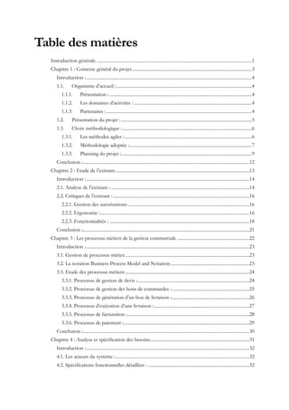Table des matières
Introduction générale .....................................................................................................................................1
Chapitre 1 : Contexte général du projet.......................................................................................................3
Introduction :..............................................................................................................................................4
1.1. Organisme d’accueil :....................................................................................................................4
1.1.1. Présentation : ..........................................................................................................................4
1.1.2. Les domaines d’activités : .....................................................................................................4
1.1.3. Partenaires :.............................................................................................................................4
1.2. Présentation du projet : ................................................................................................................5
1.3. Choix méthodologique :...............................................................................................................6
1.3.1. Les méthodes agiles :.............................................................................................................6
1.3.2. Méthodologie adoptée :.........................................................................................................7
1.3.3. Planning du projet :................................................................................................................9
Conclusion :...............................................................................................................................................12
Chapitre 2 : Etude de l’existant...................................................................................................................13
Introduction :............................................................................................................................................14
2.1. Analyse de l’existant : .......................................................................................................................14
2.2. Critiques de l’existant :.....................................................................................................................16
2.2.1. Gestion des autorisations:........................................................................................................16
2.2.2. Ergonomie :................................................................................................................................16
2.2.3. Fonctionnalités : ........................................................................................................................18
Conclusion :...............................................................................................................................................21
Chapitre 3 : Les processus métiers de la gestion commerciale ..............................................................22
Introduction :............................................................................................................................................23
3.1. Gestion de processus métier:..........................................................................................................23
3.2. La notation Business Process Model and Notation:...................................................................23
3.3. Etude des processus métiers:..........................................................................................................24
3.3.1. Processus de gestion de devis :................................................................................................24
3.3.2. Processus de gestion des bons de commandes : ..................................................................25
3.3.3. Processus de génération d’un bon de livraison :...................................................................26
3.3.4. Processus d’exécution d’une livraison :..................................................................................27
3.3.5. Processus de facturation :.........................................................................................................28
3.3.6. Processus de paiement :............................................................................................................29
Conclusion :...............................................................................................................................................30
Chapitre 4 : Analyse et spécification des besoins.....................................................................................31
Introduction :............................................................................................................................................32
4.1. Les acteurs du système :...................................................................................................................32
4.2. Spécifications fonctionnelles détaillées : .......................................................................................32
 
