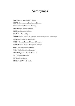 Acronymes
MRP: Material Requirement Planning
MRP II: Manufacturing Requirement Planning
ERP : Enterprise Ressource Planning
PGI : Progiciel de gestion intégré
J2EE: Java Enterprise Edition
DAO: Data Access Object
INRIA : Institut national de recherche en informatique et en automatique
BPM: Business process management
BPMN: Business Process Model and Notation
BPMI: Business Process Management Initiative
OMG: Object Management Group
UML: Unifierd Modeling Language
HTTP: Hyper Text Transfer Protocol
IoC: Inversion of Control
JSF: Java Server Faces
MVC : Model-View-Controller
 