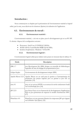 60
Introduction :
Nous commençons ce chapitre par la présentation de l’environnement matériel et logiciel
utilisé, par la suite, nous décrivons les itérations (Sprints) de réalisation de l’application.
6.1. Environnement de travail :
6.1.1. Environnement matériel :
L’environnement matériel, a été mis en place pour le développement qui est un PC HP.
Ce dernier dispose de la configuration suivante :
 Processeur : Intel Core i3 2330M @ 2.20GHz.
 RAM: 6.00 Go Canal-Double DDR3 @ 665 MHz.
 Système d’exploitation : Windows 7 64-bit SP1.
6.1.2. Environnement logiciel :
L’environnement logiciel utilisé pour réaliser notre projet est structuré dans le tableau 11:
Outils Description
JDK 1.7 Java Development Kit (JDK) désigne un ensemble de bibliothèques
logicielles de base du langage de programmation Java.
Eclipse Kepler Environnement de développement intégré (IDE)
Apache Maven 3.2.5 Apache Maven est un outil pour la gestion et l'automatisation de
production des projets logiciels Java en général et Java EE en
particulier. [15]
Jetty 8.1 Jetty est un serveur HTTP et un moteur de servlet entièrement fondé
sur la technologie Java. [16]
JSF 2.2.5 Java Server Faces est un framework de développement d’applications
Web en Java permettant de respecter le modèle d’architecture MVC
[17]
Primefaces 4.0 PrimeFaces est une puissante librairie de composants JSF qui s’appuie
sur la librairie Ajax jQuery. [12]
 