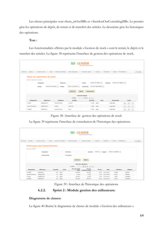 64
Les classes principales sont «Item_inOutMB» et « ItemIonOutConsultingMB». Le premier
gère les opérations de dépôt, de retrait et de transfert des articles. Le deuxième gère les historiques
des opérations.
Test :
Les fonctionnalités offertes par le module « Gestion de stock » sont le retrait, le dépôt et le
transfert des articles. La figure 38 représente l’interface de gestion des opérations de stock.
Figure 38 : Interface de gestion des opérations de stock
La figure 39 représente l’interface de consultation de l’historique des opérations.
Figure 39 : Interface de l'historique des opérations
6.2.2. Sprint 2 : Module gestion des utilisateurs:
Diagramme de classes:
La figure 40 illustre le diagramme de classes de module « Gestion des utilisateurs ».
 