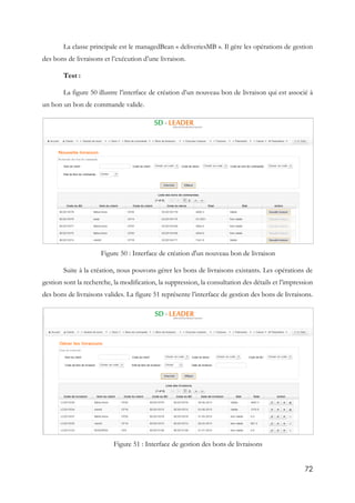 72
La classe principale est le managedBean « deliveriesMB ». Il gère les opérations de gestion
des bons de livraisons et l’exécution d’une livraison.
Test :
La figure 50 illustre l’interface de création d’un nouveau bon de livraison qui est associé à
un bon un bon de commande valide.
Figure 50 : Interface de création d'un nouveau bon de livraison
Suite à la création, nous pouvons gérer les bons de livraisons existants. Les opérations de
gestion sont la recherche, la modification, la suppression, la consultation des détails et l’impression
des bons de livraisons valides. La figure 51 représente l’interface de gestion des bons de livraisons.
Figure 51 : Interface de gestion des bons de livraisons
 