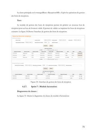 75
La classe principale est le managedBean « ReceptionsMB ». Il gère les opérations de gestion
des bons de réceptions.
Test :
Le module de gestion des bons de réceptions permet de générer un nouveau bon de
réception pour un bon de livraison valide. Il permet de valider ou imprimer les bons de réceptions
existants. La figure 54 illustre l’interface de gestion des bons de réceptions.
Figure 54 : Interface de gestion des bons de réception
6.2.7. Sprint 7 : Module facturation:
Diagrammes de classes :
La figure 55 illustre le diagramme de classes de module «Facturation»
 