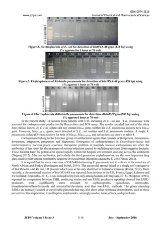 ISSN: 0974-2115
www.jchps.com Journal of Chemical and Pharmaceutical Sciences
July - September 20161118JCPS Volume 9 Issue 3
Figure.2. Electrophoresis of E. coli for detection of blaOXA-48 gene (438 bp) using
1% agarose for 1 hour at 70 volt.
Figure.3. Electrophoresis of Klebsiella pneumonia for detection of bla OXA-48 gene (438 bp) using
1% agarose 1 hour at 70 volt
Figure.4. Electrophoresis ofKlebsiella pneumonia for detection ofbla-IMP gene(587 bp) using
1% agarose1 hour at 70 volt
In the present study, 34 isolates from patients with UTI, including 20 E. coli and 14 K. pneumonae were
screened for carbapenemase production by Rosco discs and PCR assay. The results revealed that out of the thirty
four clinical isolets, 20 E. coli isolates did not contain blaIMP gene, neither did 2 K. pneumonia isolates have blaIMP
gene. However, blaOXA-48 like genes, were detected in 5 E. coli isolates and 3 K. pneumonia isolates. A single K.
pneumonia isolate (E9) was positive for both of blaIMP, blaOXA-48 like and screen tests as shown in table 4.
Carbapenems belong to the β-lactam group of antibacterial agents that consists of (imipenem, meropenem,
doripenem, ertapenem, panipenem and biapenem). Emergence of carbapenemases in Enterobacteriaceae and
nonfermentative bacteria poses a serious therapeutic problem in hospitals because carbapenems are often the
antibiotics of last resort for the treatment of serious infections caused by multidrug-resistant Gram-negative bacteria.
These bacteria have the potential to spread rapidly within the hospital environment and also across the continents
(Nagaraj 2012). β-lactam antibiotics, particularly the third generation cephalosporins, are the most important drug
class used to treat serious community-acquired or nosocomial infections caused by E. coli (Pitout, 2012).
It is argued that the main reservoirs of OXA-48-harbouring K. pneumonia and E. coli are in the countries of
North African and Turkey (Nordmann and Poirel, 2014). The successful spread linked to a single self-conjugative
of blaOXA-48 is 62 kb IncL/ M plasmid which was so far only identified in Enterobacteriaceae (Poirel, 2012). More
recently, a chromosomal location of bla OXA-48 was reported from isolates in the UK, France, Egypt, Lebanon and
Switzerland (Beyrouthy, 2014), it was noticed in fowl not only among humans (Al Bayssari, 2015). Philippon (1994),
reported the comparison between ESBL producing strains and non ESBL producers reporting showed that ESBL-
producers were significantly more resistant to cephalosporins, quinolones, aminosides,
trimethoprim/sulfamethoxazole and amoxicillin/clavulanic acid than non-ESBL methods. The genes encoding
ESBLs are normally located in transferable plasmids that may also show other resistance determinants, such as those
prevent to chloramphenicol, trimethoprim, sulphamides, aminoglycosides, tetracyclines, and quinolones.
 