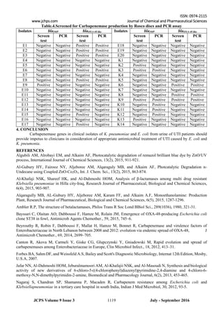 ISSN: 0974-2115
www.jchps.com Journal of Chemical and Pharmaceutical Sciences
July - September 20161119JCPS Volume 9 Issue 3
Table.4.Screened for Carbapenemase production by Rosco discs and PCR assay
Isolates blaIMP blaOXA-48 like Isolates blaIMP blaOXA-48 like
Screen
test
PCR Screen
test
PCR Screen
test
PCR Screen
test
PCR
E1 Negative Negative Positive Positive E18 Negative Negative Negative Negative
E2 Negative Negative Positive Positive E19 Negative Negative Negative Negative
E3 Negative Negative Positive Positive E20 Negative Negative Negative Negative
E4 Negative Negative Negative Negative K1 Negative Negative Negative Negative
E5 Negative Negative Negative Negative K2 Positive Negative Negative Negative
E6 Negative Negative Positive Positive K3 Positive Positive Negative Negative
E7 Negative Negative Negative Negative K4 Negative Negative Negative Negative
E8 Negative Negative Positive Positive K5 Negative Negative Negative Negative
E9 Positive Negative Negative Negative K6 Negative Negative Positive Positive
E10 Negative Negative Negative Negative K7 Negative Negative Negative Negative
E11 Negative Negative Negative Negative K8 Negative Negative Positive Positive
E12 Negative Negative Negative Negative K9 Positive Positive Positive Positive
E13 Negative Negative Negative Negative K10 Negative Positive Negative Negative
E14 Negative Negative Negative Negative K11 Negative Positive Negative Negative
E15 Negative Negative Positive Negative K12 Negative Positive Negative Negative
E16 Negative Negative Negative Negative K13 Positive Negative Negative Negative
E17 Negative Negative Positive Negative K14 Negative Negative Negative Negative
4. CONCLUSION
Carbapenemase genes in clinical isolates of K. pneumoniae and E. coli from urine of UTI patients should
provide impetus to clinicians in consideration of appropriate antimicrobial treatment of UTI caused by E. coli and
K. pneumonia.
REFERENCES
Algubili AM, Alrobayi EM, and Alkaim AF, Photocatalytic degradation of remazol brilliant blue dye by ZnO/UV
process, International Journal of Chemical Sciences, 13(2), 2015, 911-921.
Al-Gubury HY, Fairooz NY, Aljeboree AM, Alqaraguly MB, and Alkaim AF, Photcatalytic Degradation n-
Undecane using Coupled ZnO-Co2O3, Int. J. Chem. Sci., 13(2), 2015, 863-874.
Al-Khafaji NSK, Shareef HK, and Al-Dahmoshi HOM, Analysis of β-lactamases among multi drug resistant
Klebsiella pneumoniae in Hilla city-Iraq, Research Journal of Pharmaceutical, Biological and Chemical Sciences,
6(4), 2015, 903-907.
Alqaragully MB, AL-Gubury HY, Aljeboree AM, Karam FF, and Alkaim A.F, Monoethanolamine: Production
Plant, Research Journal of Pharmaceutical, Biological and Chemical Sciences, 6(5), 2015, 1287-1296.
Ambler R.P, The structure of betalactamases, Philos Trans R Soc Lond BBiol Sci., 289(1036), 1980, 321-31.
Bayssari C, Olaitan AO, Dabboussi F, Hamze M, Rolain JM, Emergence of OXA-48-producing Escherichia coli
clone ST38 in fowl, Antimicrob Agents Chemother., 59, 2015, 745–6.
Beyrouthy R, Robin F, Dabboussi F, Mallat H, Hamze M, Bonnet R, Carbapenemase and virulence factors of
Enterobacteriaceae in North Lebanon between 2008 and 2012: evolution via endemic spread of OXA-48, J
Antimicrob Chemother., 69, 2014, 2699–705.
Canton R, Akova M, Carmeli Y, Giske CG, Glupczynski Y, Gniadowski M, Rapid evolution and spread of
carbapenemases among Enterobacteriaceae in Europe, Clin Microbiol Infect., 18, 2012, 413–31.
Forbes BA, Sahm DF, and Weissfeld A.S, Bailey and Scott's Diagnostic Microbiology, Internat 12th Edition, Mosby,
U.S.A, 2007.
Jafar NN, Al-Dahmoshi HOM, Jeburalmamoori AM, Al-Khafajii NSK, and Al-Masoudi N, Synthesis and biological
activity of new derivatives of 6-chloro-5-((4-chlorophenyl)diazenyl)pyrimidine-2,4-diamine and 4-chloro-6-
methoxy-N,N-dimethylpyrimidin-2-amine, Biomedical and Pharmacology Journal, 6(2), 2013, 453-465.
Nagaraj S, Chandran SP, Shamanna P, Macaden R, Carbapenem resistance among Escherichia coli and
Klebsiellapneumoniae in a tertiary care hospital in south India, Indian J Med Microbiol, 30, 2012, 93-5.
 